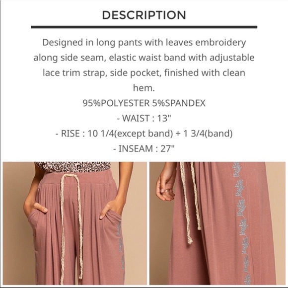 POL dusty rose floral leaf embroidered boho wide leg pants new soft lounge - Picture 6 of 7